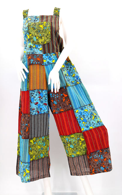 Mushroom Print Patchwork Overalls | Wide Leg Jumpsuit