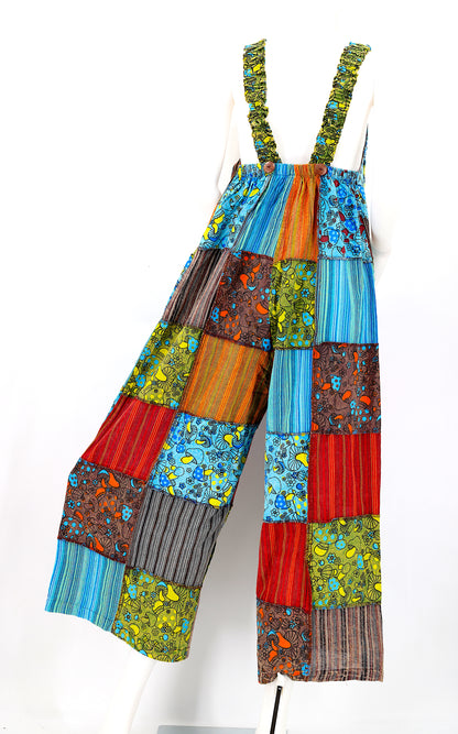 Mushroom Print Patchwork Overalls | Wide Leg Jumpsuit