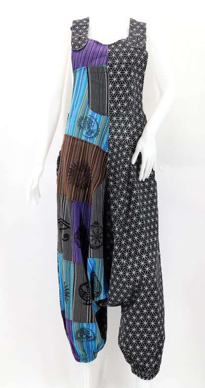 Flower of Life Drop Crotch Overalls | Patchwork Cotton Jumpsuit