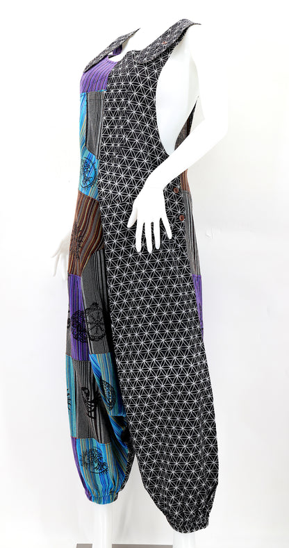 Flower of Life Drop Crotch Overalls | Patchwork Cotton Jumpsuit