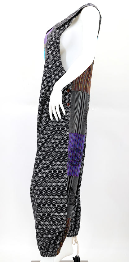 Flower of Life Drop Crotch Overalls | Patchwork Cotton Jumpsuit