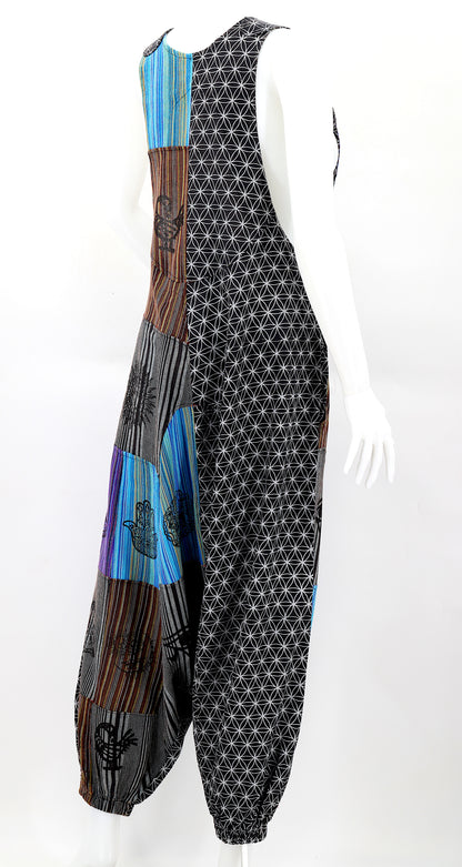 Flower of Life Drop Crotch Overalls | Patchwork Cotton Jumpsuit
