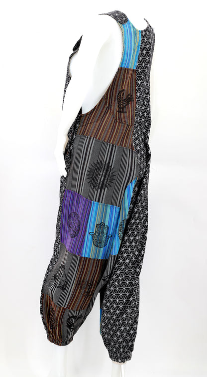 Flower of Life Drop Crotch Overalls | Patchwork Cotton Jumpsuit
