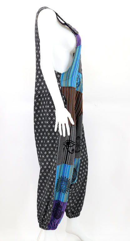 Flower of Life Drop Crotch Overalls | Patchwork Cotton Jumpsuit