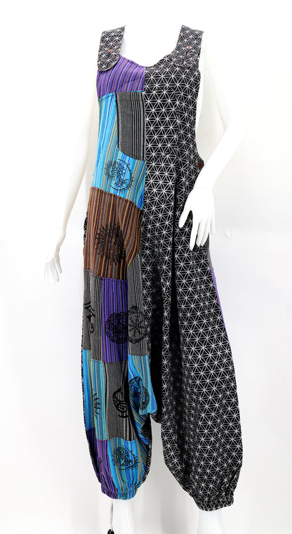 Flower of Life Drop Crotch Overalls | Patchwork Cotton Jumpsuit