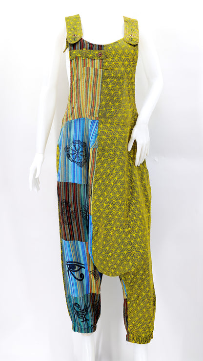 Flower of Life Drop Crotch Overalls | Patchwork Cotton Jumpsuit