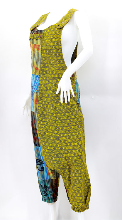 Flower of Life Drop Crotch Overalls | Patchwork Cotton Jumpsuit