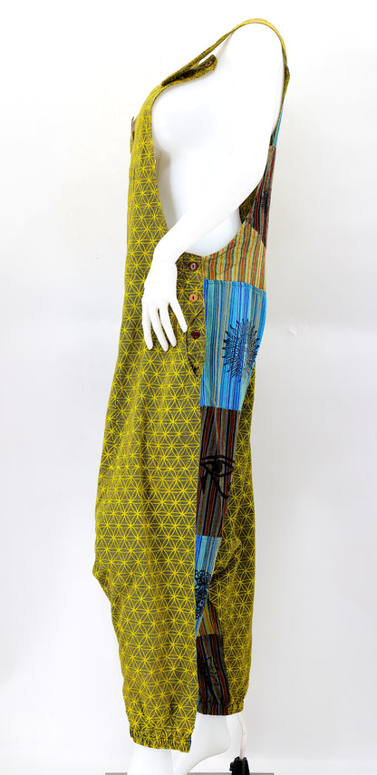 Flower of Life Drop Crotch Overalls | Patchwork Cotton Jumpsuit