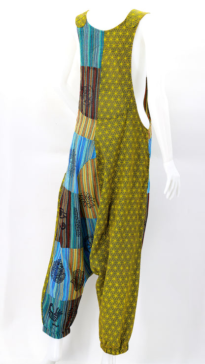 Flower of Life Drop Crotch Overalls | Patchwork Cotton Jumpsuit