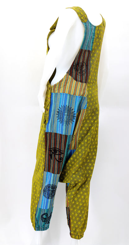 Flower of Life Drop Crotch Overalls | Patchwork Cotton Jumpsuit