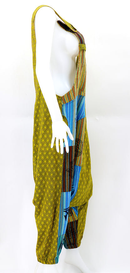 Flower of Life Drop Crotch Overalls | Patchwork Cotton Jumpsuit