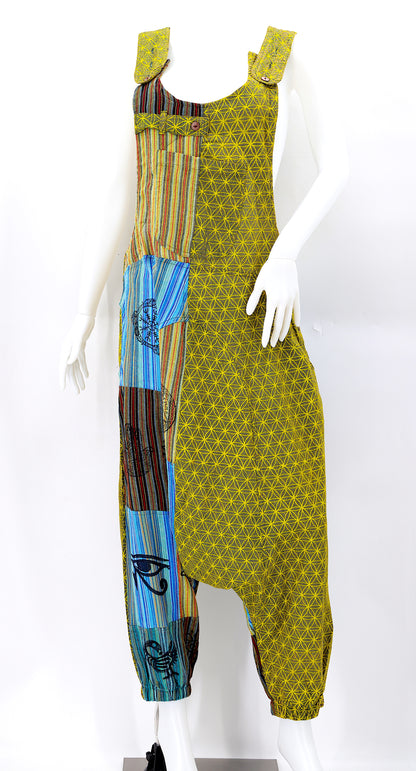 Flower of Life Drop Crotch Overalls | Patchwork Cotton Jumpsuit