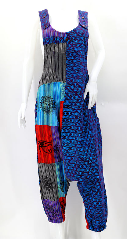 Flower of Life Drop Crotch Overalls | Patchwork Cotton Jumpsuit