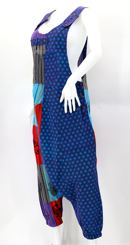 Flower of Life Drop Crotch Overalls | Patchwork Cotton Jumpsuit