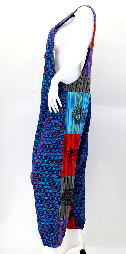 Flower of Life Drop Crotch Overalls | Patchwork Cotton Jumpsuit
