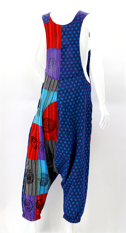 Flower of Life Drop Crotch Overalls | Patchwork Cotton Jumpsuit