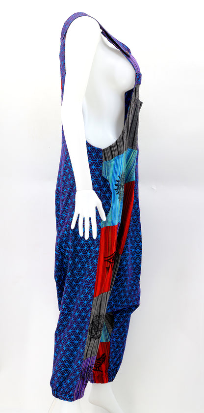Flower of Life Drop Crotch Overalls | Patchwork Cotton Jumpsuit