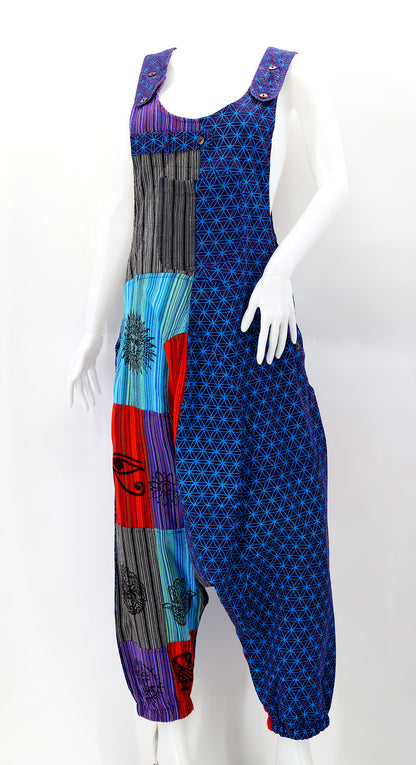 Flower of Life Drop Crotch Overalls | Patchwork Cotton Jumpsuit