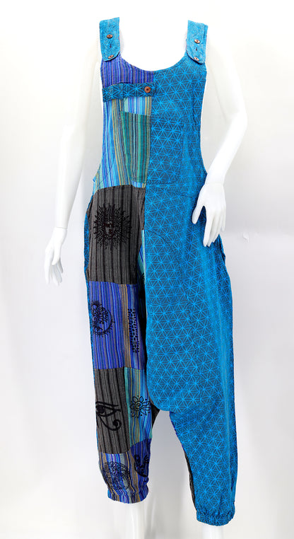 Flower of Life Drop Crotch Overalls | Patchwork Cotton Jumpsuit