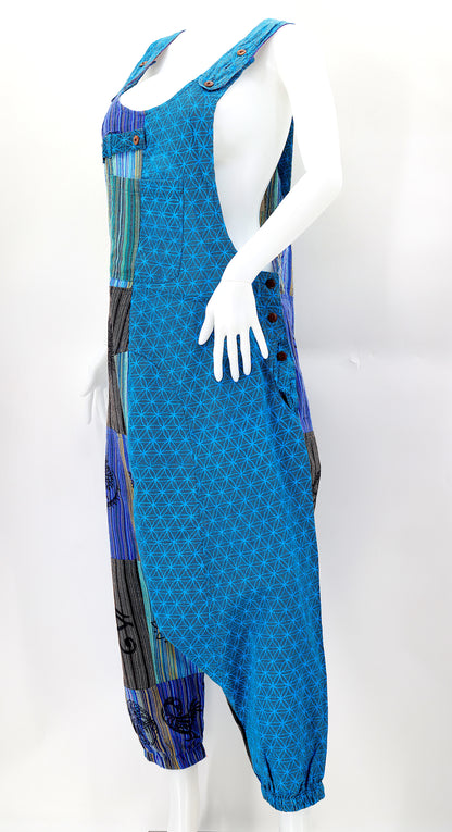 Flower of Life Drop Crotch Overalls | Patchwork Cotton Jumpsuit