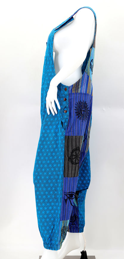 Flower of Life Drop Crotch Overalls | Patchwork Cotton Jumpsuit