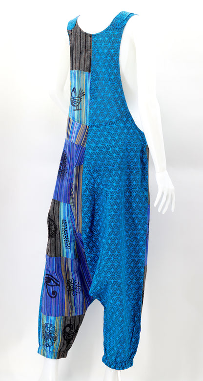 Flower of Life Drop Crotch Overalls | Patchwork Cotton Jumpsuit