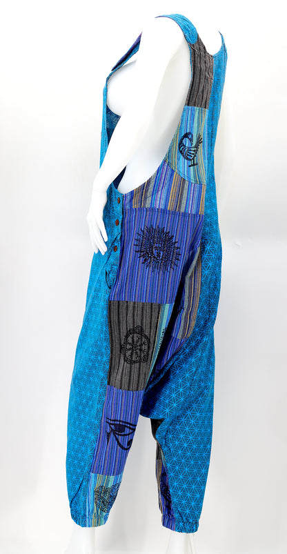 Flower of Life Drop Crotch Overalls | Patchwork Cotton Jumpsuit