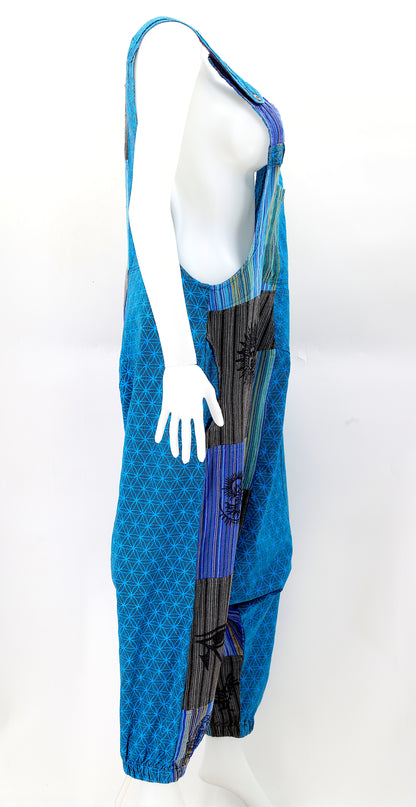 Flower of Life Drop Crotch Overalls | Patchwork Cotton Jumpsuit