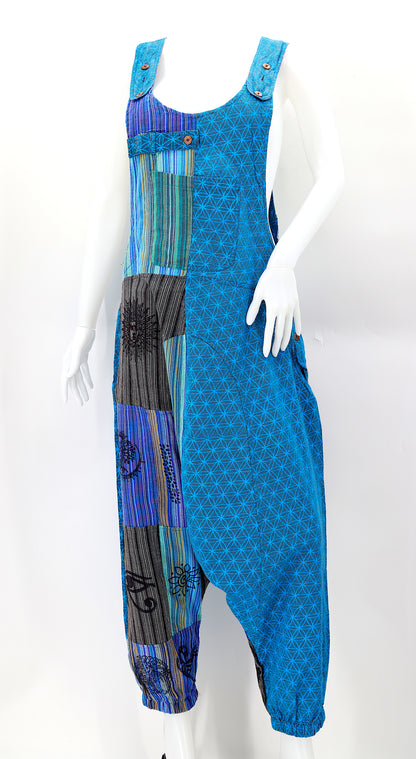 Flower of Life Drop Crotch Overalls | Patchwork Cotton Jumpsuit