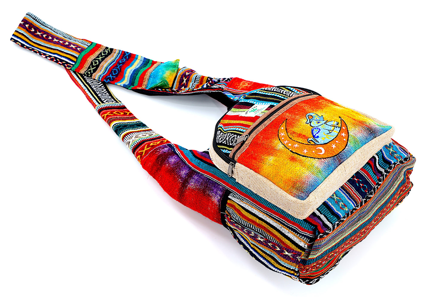 Hemp Moon Elephant Hand Embroidered Tie Dye Crossbody Bag