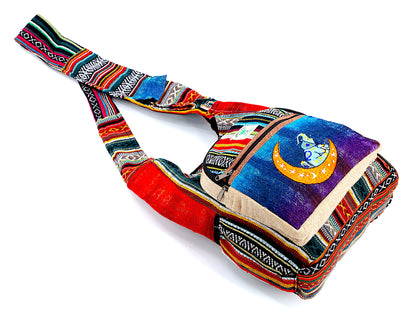 Moon Elephant Hemp Crossbody | Hand Embroidered Tie Dye Messenger Bag