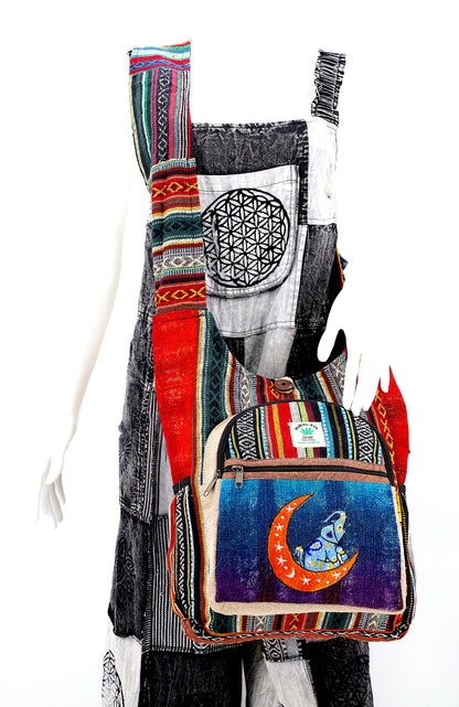 Moon Elephant Hemp Crossbody | Hand Embroidered Tie Dye Messenger Bag