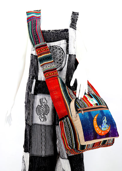 Moon Elephant Hemp Crossbody | Hand Embroidered Tie Dye Messenger Bag