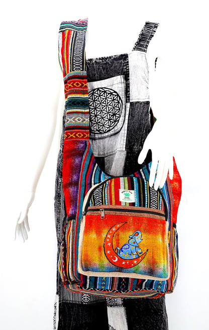 Moon Elephant Hemp Crossbody | Hand Embroidered Tie Dye Messenger Bag