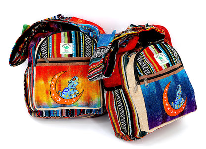 Moon Elephant Hemp Crossbody | Hand Embroidered Tie Dye Messenger Bag