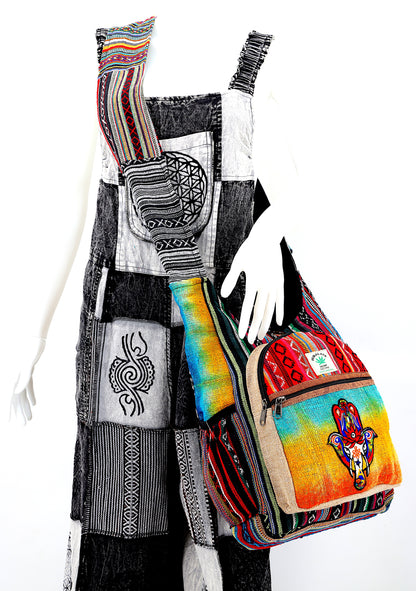 Hamsa Elephant Hemp Crossbody | Hand Embroidered Tie Dye Messenger Bag