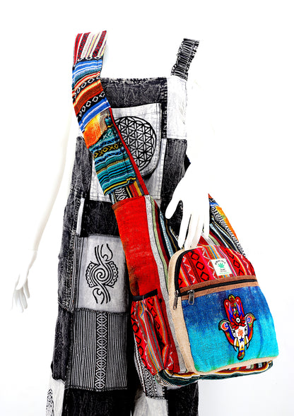 Hamsa Elephant Hemp Crossbody | Hand Embroidered Tie Dye Messenger Bag