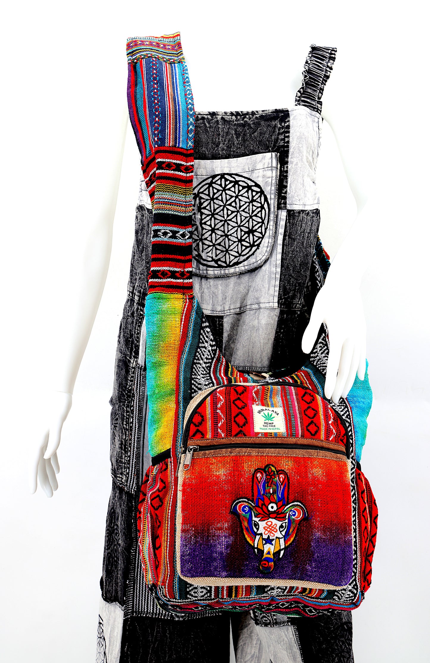 Hemp Hamsa Elephant Hand Embroidered Tie Dye Crossbody Bag