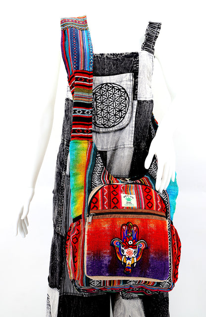 Hamsa Elephant Hemp Crossbody | Hand Embroidered Tie Dye Messenger Bag