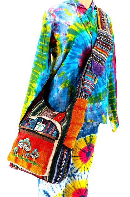 Mushroom Hemp Crossbody Bag | Hand Embroidered Tie Dye Messenger Bag