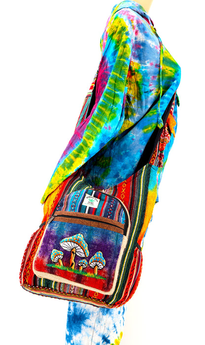 Mushroom Hemp Crossbody Bag | Hand Embroidered Tie Dye Messenger Bag