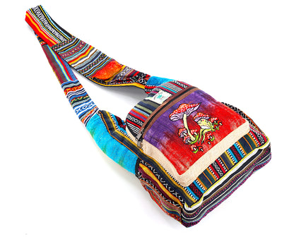 Frog Mushroom Hemp Crossbody | Hand Embroidered Tie Dye Messenger Bag
