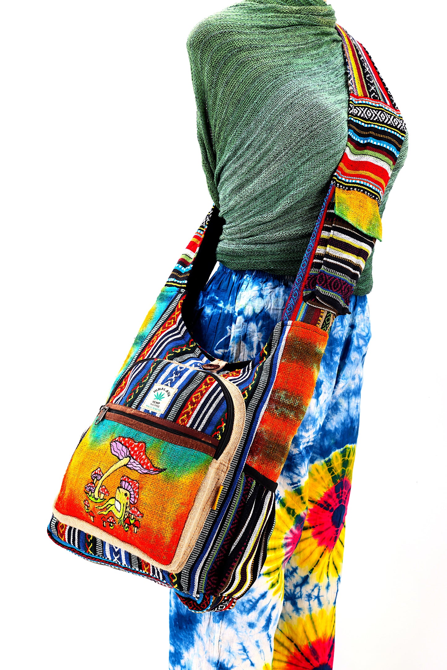 Hemp Frog Mushroom Hand Embroidered Tie Dye Crossbody Bag