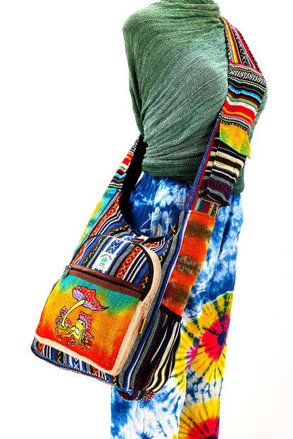 Frog Mushroom Hemp Crossbody | Hand Embroidered Tie Dye Messenger Bag