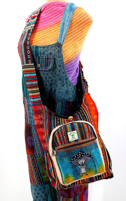 Mushroom Elf Hemp Crossbody | Hand Embroidered Tie Dye Messenger Bag