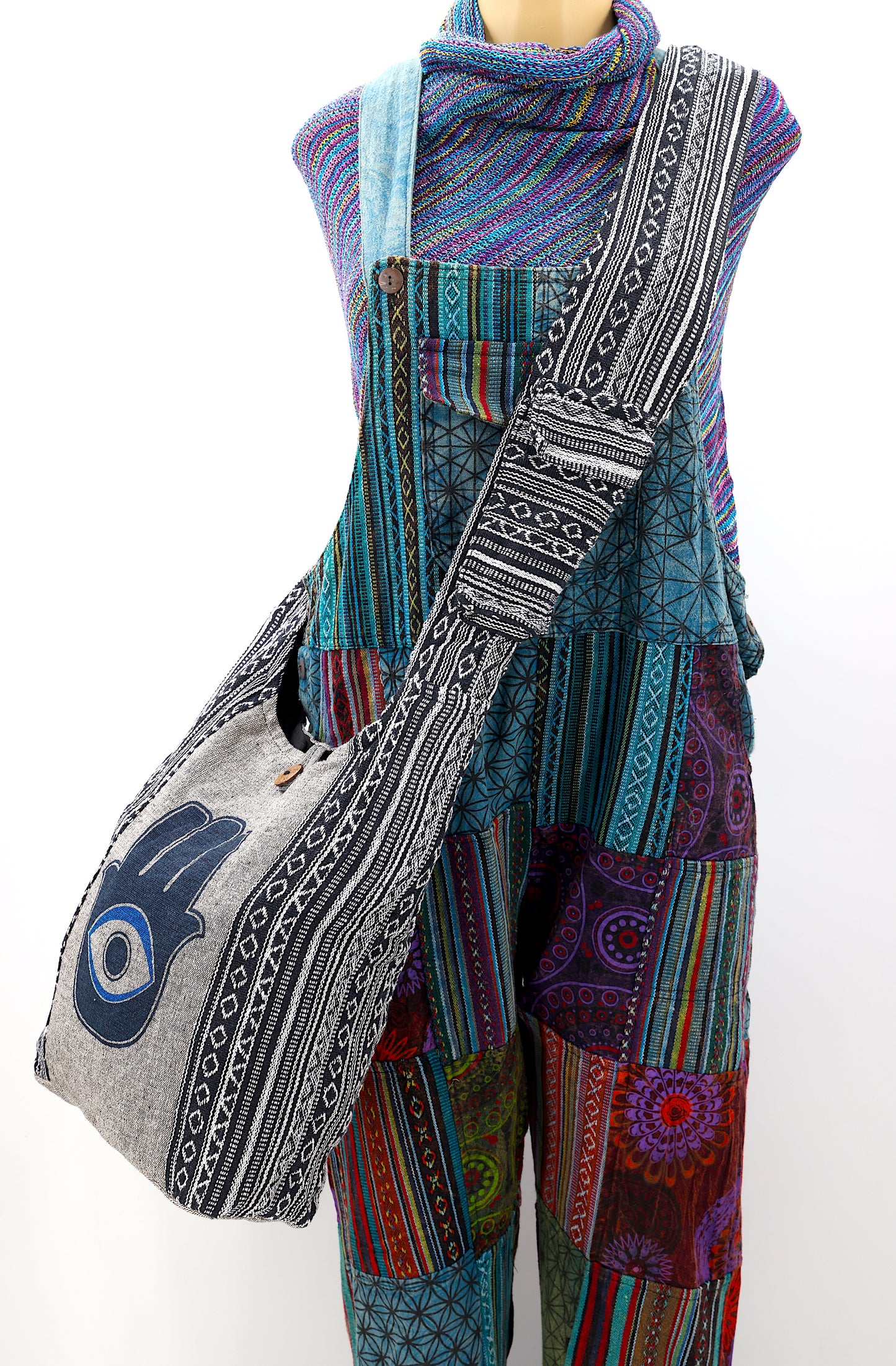 Cotton Hamsa Evil Eye Print Handmade Crossbody Bag