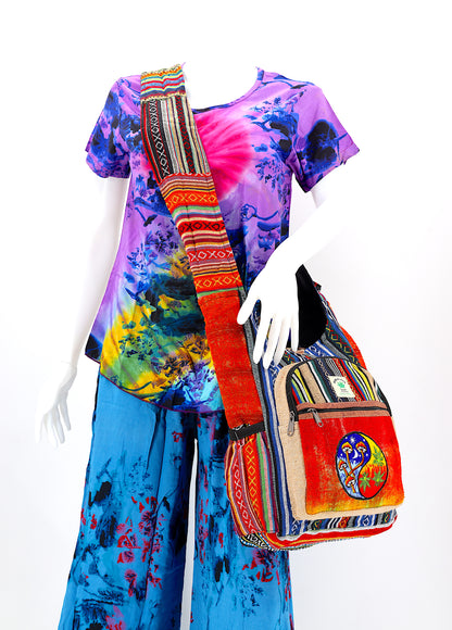 Mushroom Yin Yang Hemp Crossbody | Hand Embroidered Messenger Bag