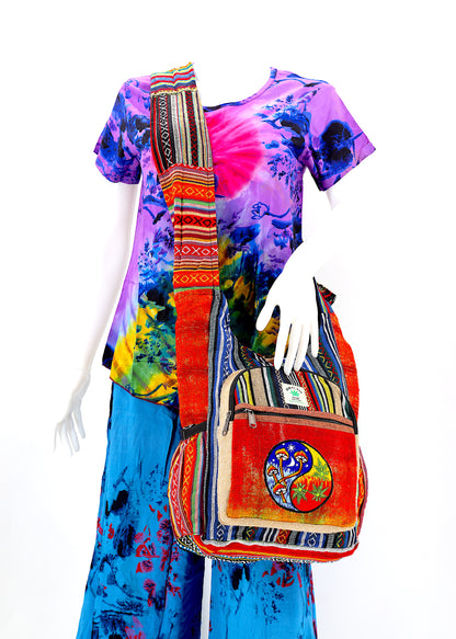 Mushroom Yin Yang Hemp Crossbody | Hand Embroidered Messenger Bag