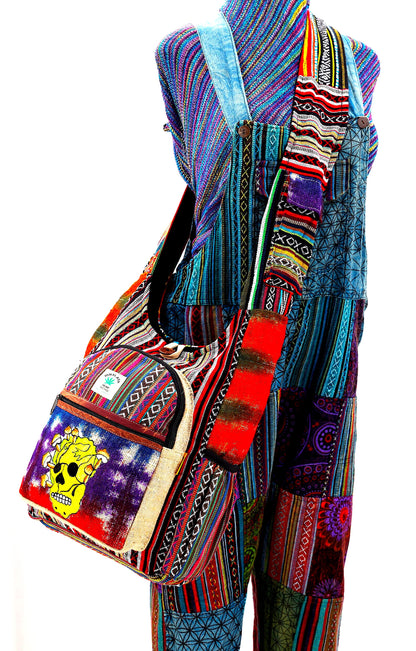 Skull Mushroom Hemp Crossbody | Hand Embroidered Tie Dye Messenger Bag