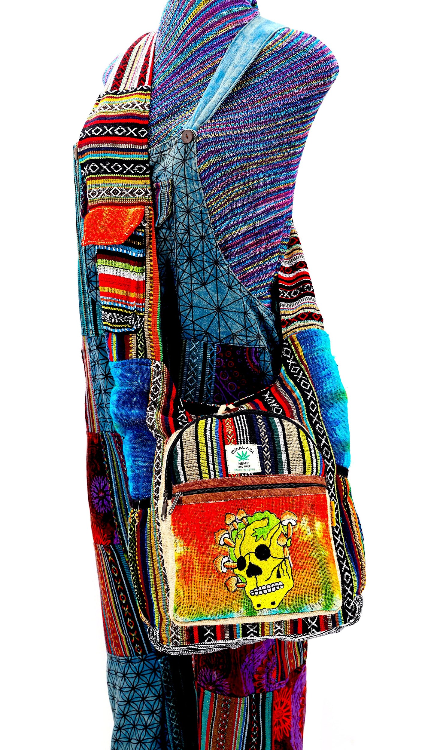 Hemp Skull Mushroom Hand Embroidered Tie Dye Crossbody Bag